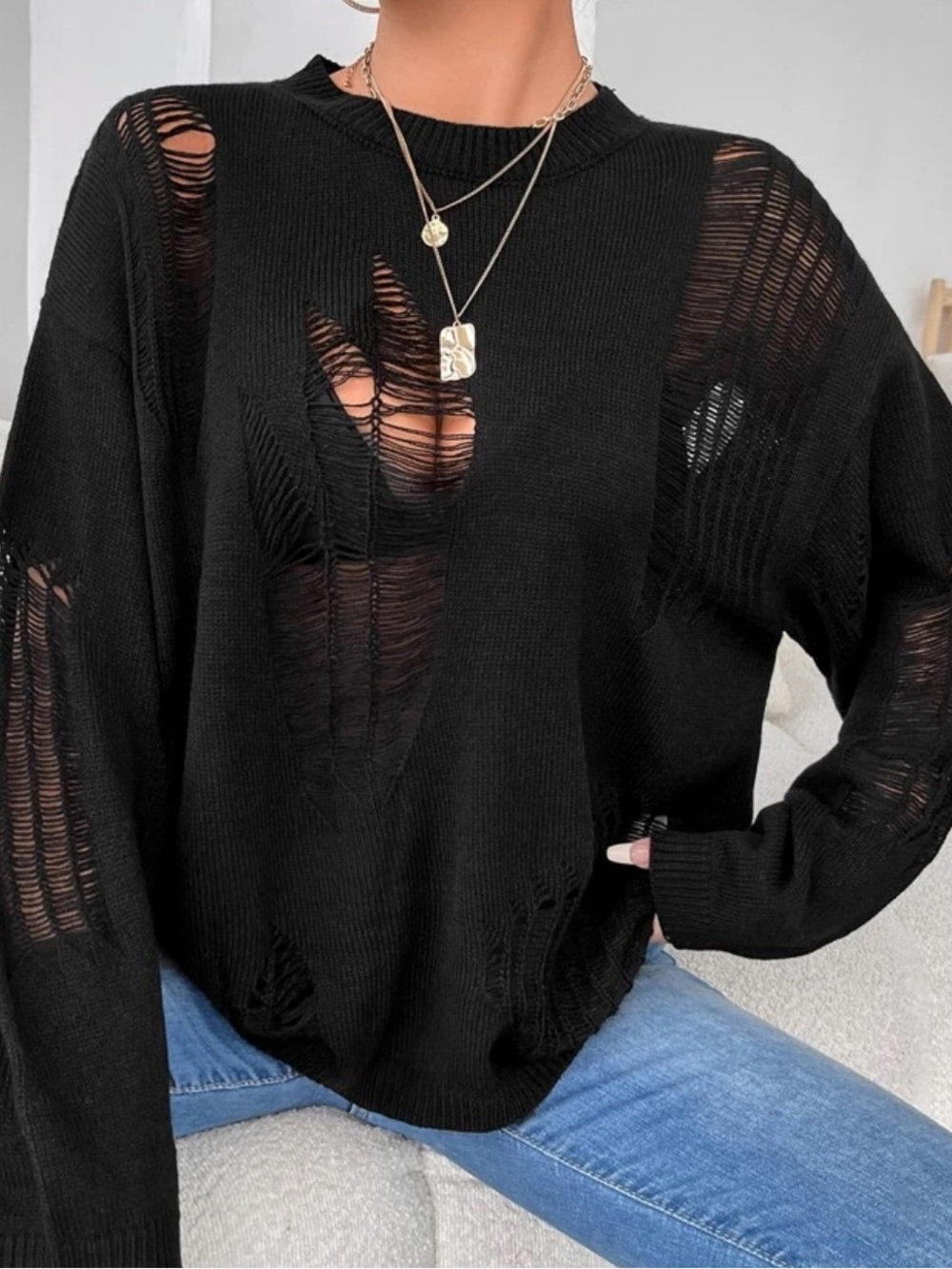 SHEIN Distressed Black Women's Sweater - Fashion Knit Size Curve 0XL